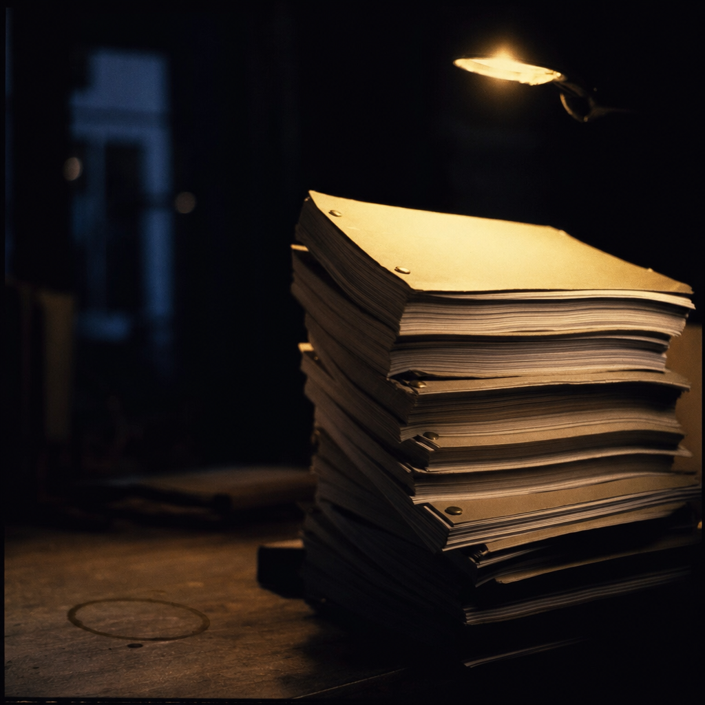 A stack of brad-bound screenplays with worn card covers, edges fanned, lit by a single warm lamp.