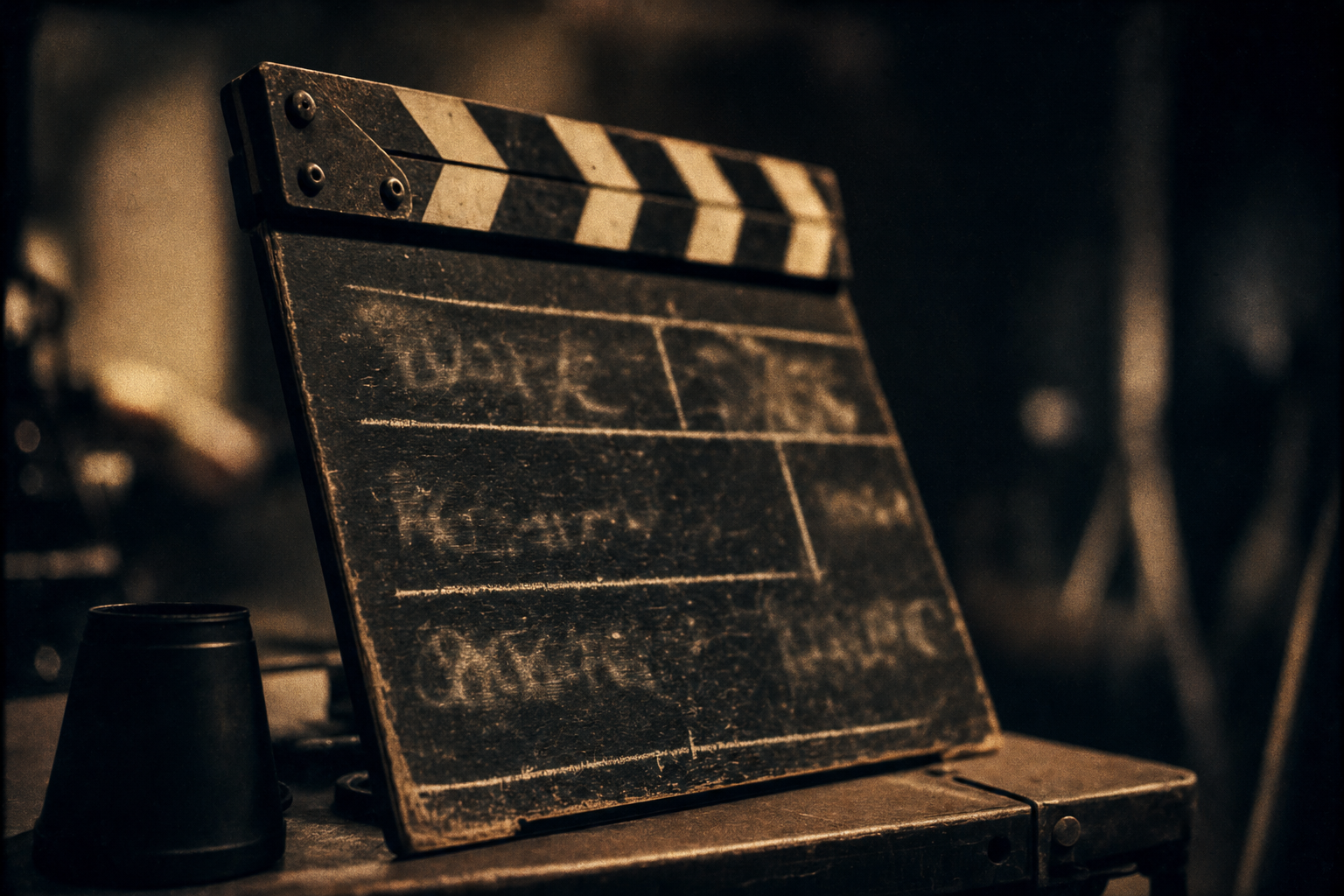 A worn wooden clapperboard slate with a striped clapper stick resting on a set, chalk-dusted and lit warm.