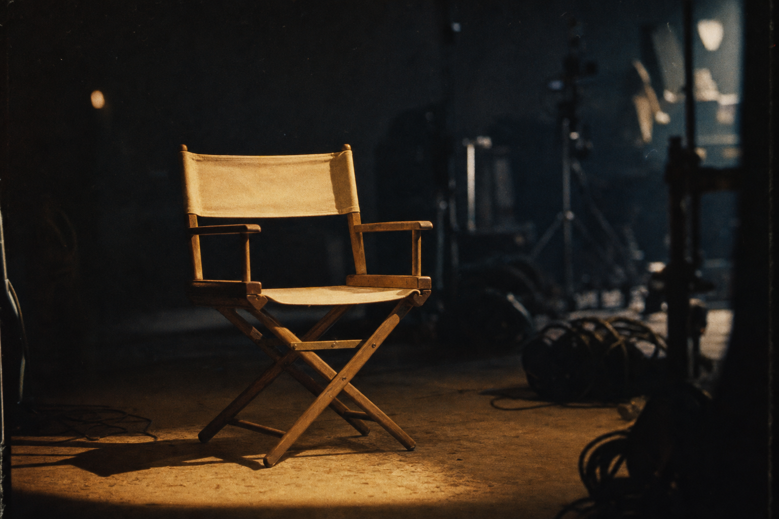 An empty canvas director's chair standing alone on a film set, warm light pooling around it in the dark.