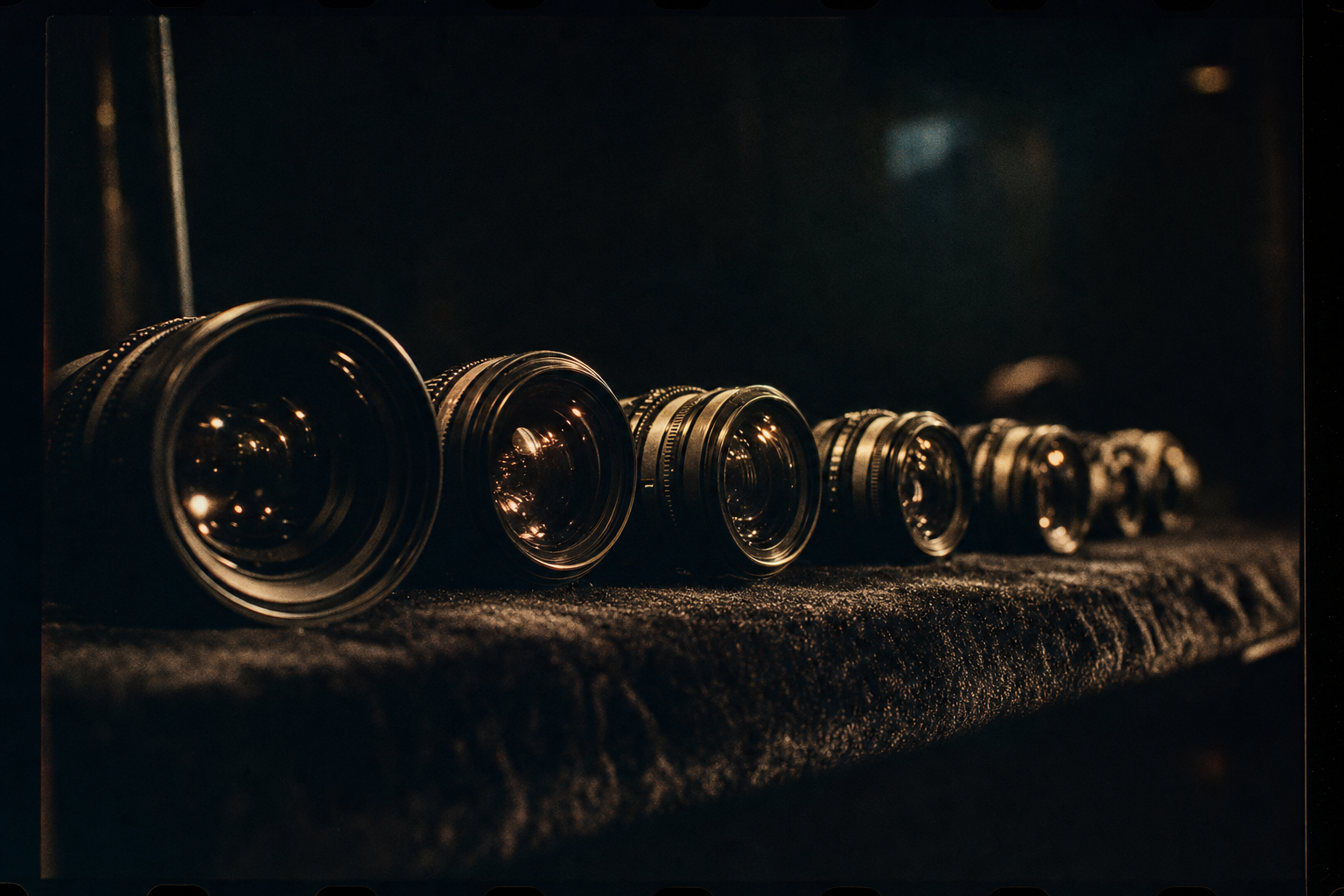 A collection of cinema prime lenses laid out in a row on a dark cloth, glass elements glinting with warm light.
