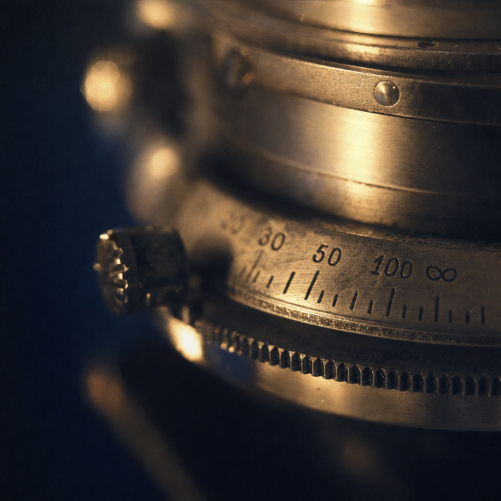 Close detail of an old film camera's lens turret and focus markings, scratched metal lit by a single warm light.