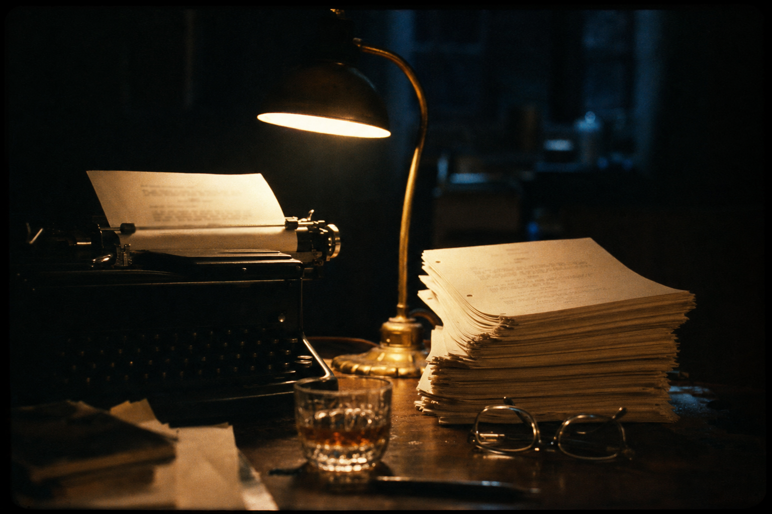 A screenwriter's desk in lamplight: a vintage typewriter, stacked script pages, a glass of whisky and a brass desk lamp.