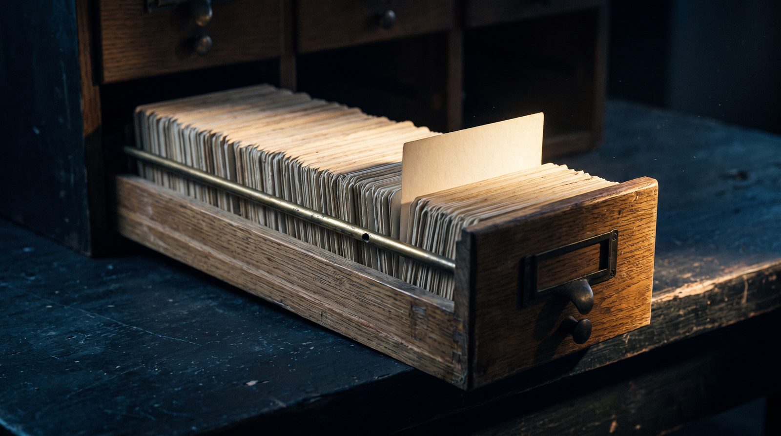A wooden card index drawer pulled open, packed with blank cards