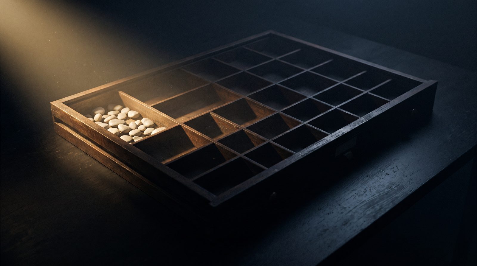 A wide flat drawer standing mostly empty, a few objects at one end