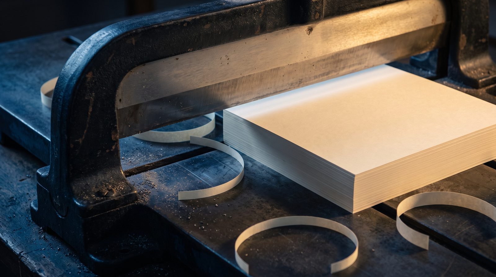 A guillotine blade above a stack of freshly cut cream paper