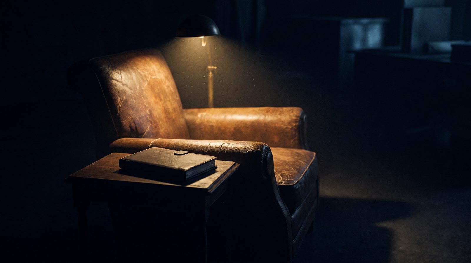 An empty reading chair and side table under one lamp, in darkness