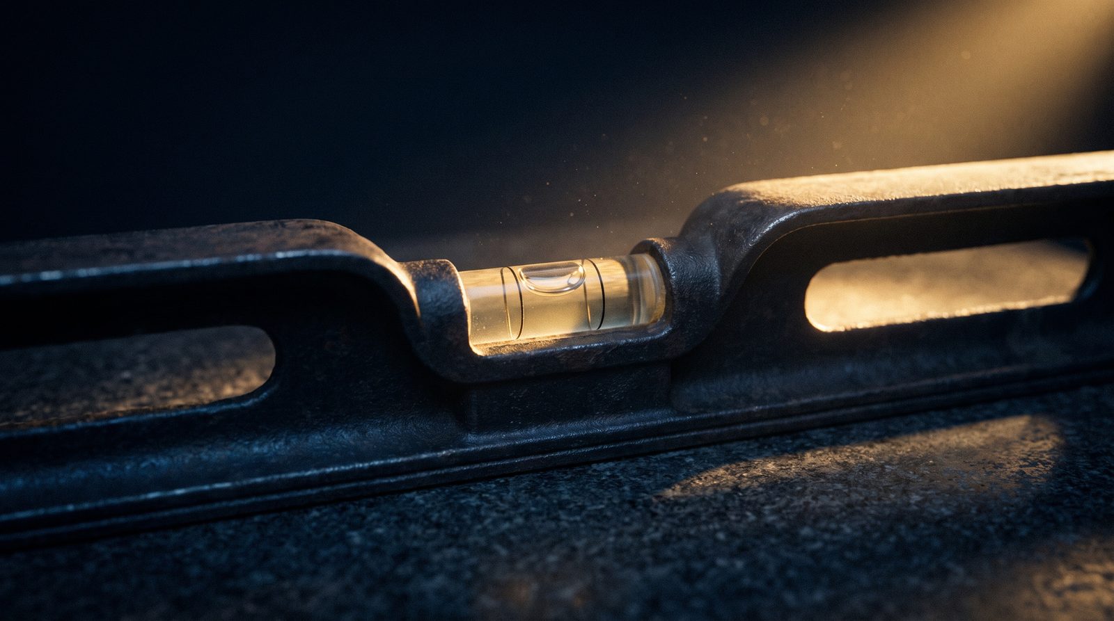 A machinist's spirit level on a dark slab, its bubble dead centre