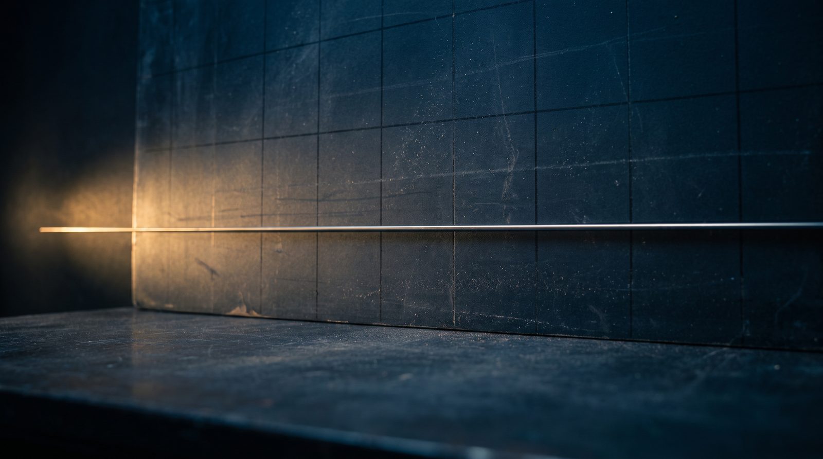 A single taut horizontal wire over a dark grid, lit from one side