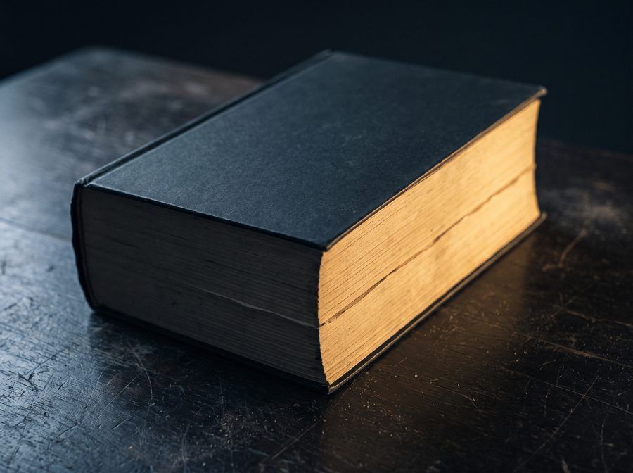 A thick unmarked paperback standing on end on a dark table