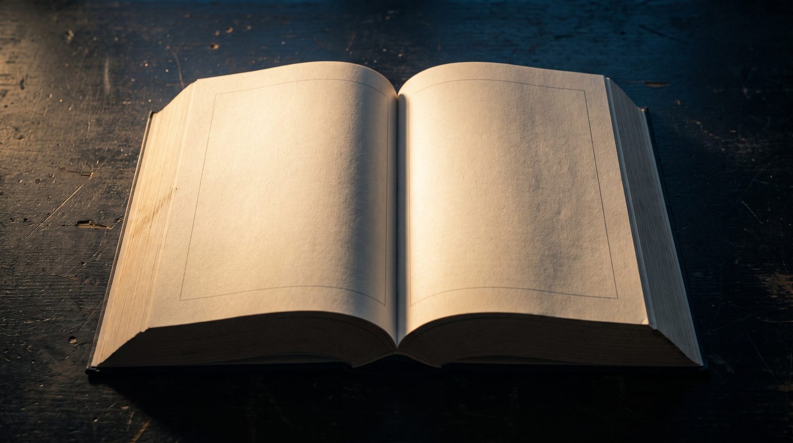 A thick book lying open, both pages blank cream stock, lit from one side