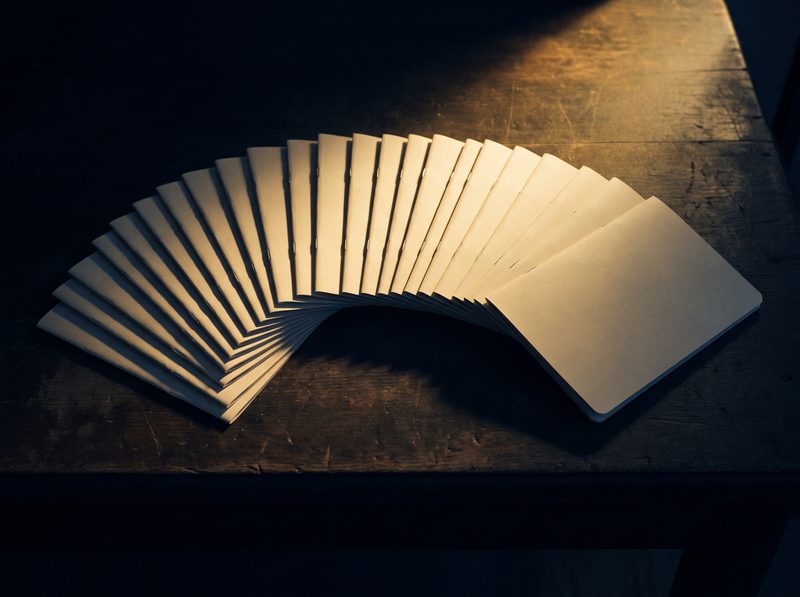 Identical unmarked pamphlets fanned across a dark surface