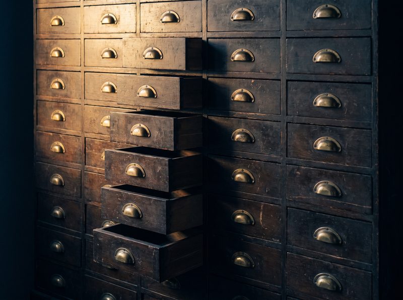 A bank of small drawers, most shut, a few standing open and empty