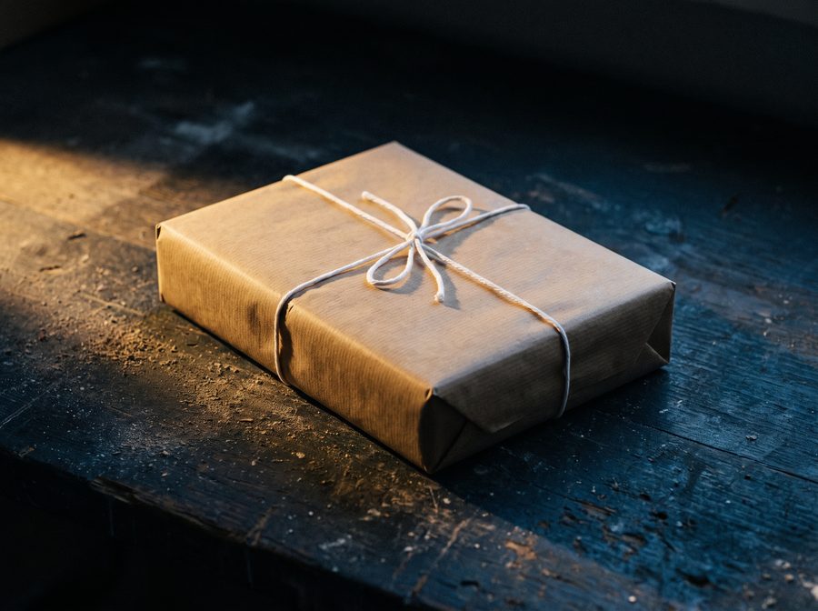 A single book-shaped parcel in brown paper and string on a dark bench