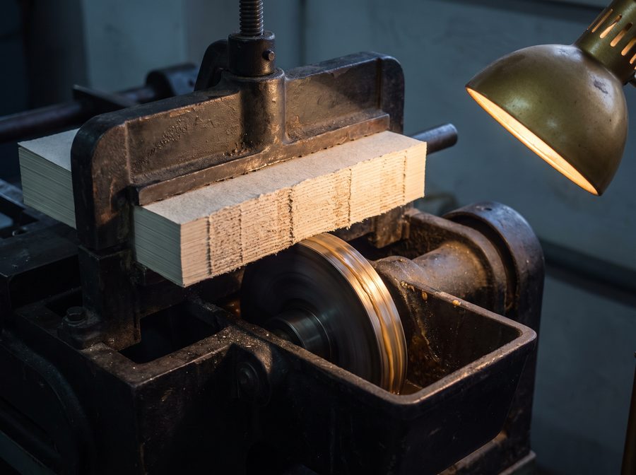 The glue wheel and clamp of a perfect binding machine, close