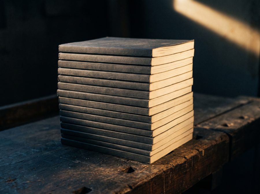 Finished paperbacks stacked square on a dark bench, spines outward
